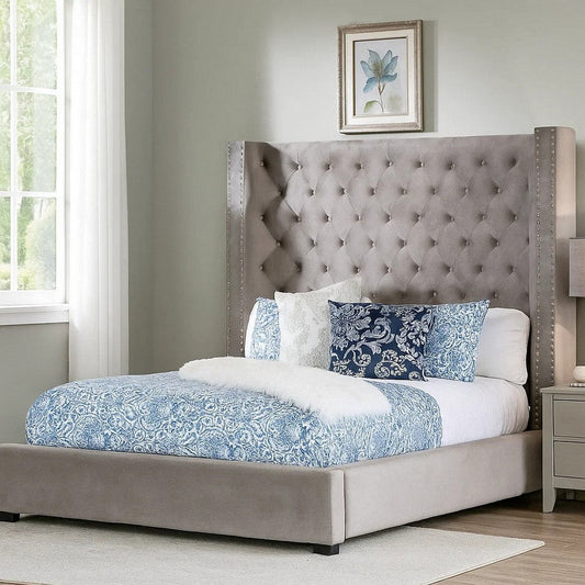 Rozy Queen Bed w Wingback Headboard | Nailhead Trim | Gray Upholstery