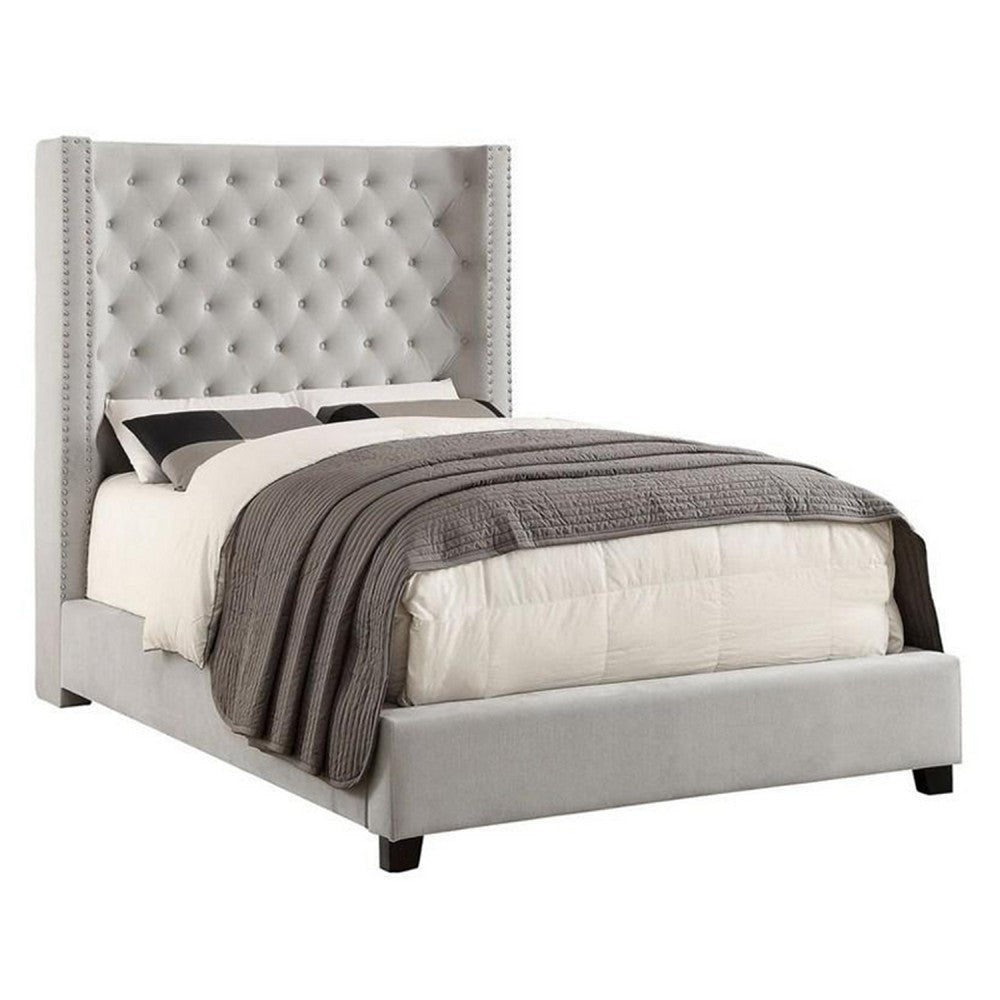 Rozy King Bed w Wingback Tall Headboard | Nailheads | Ivory Upholstery BM342614