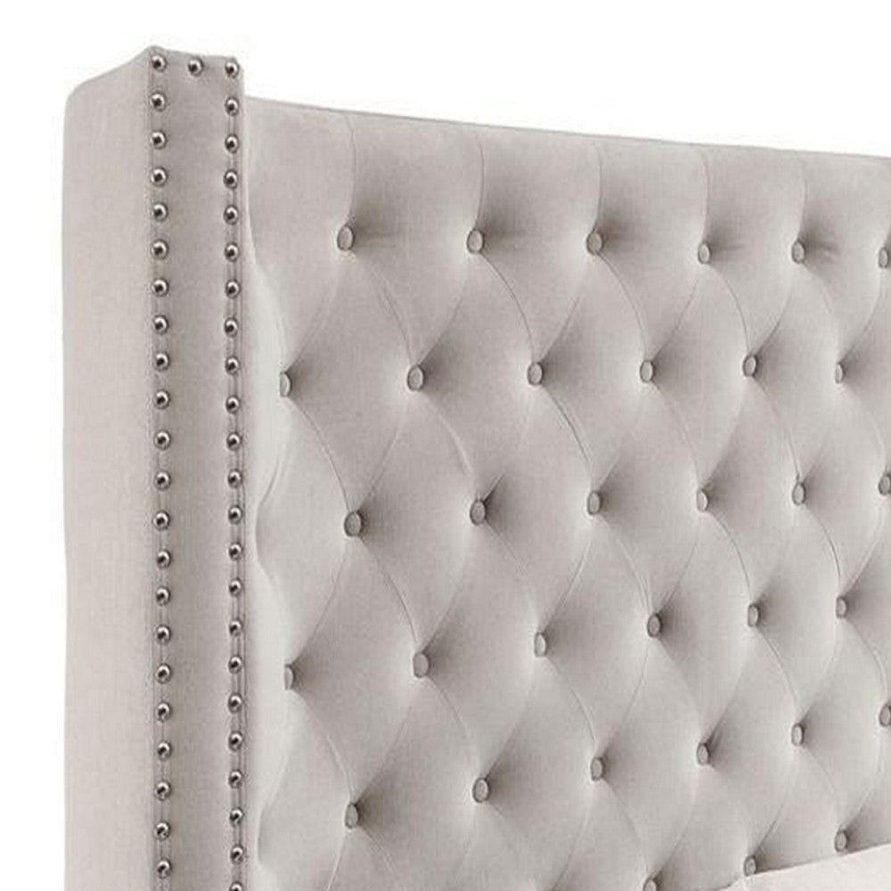 Rozy King Bed w Wingback Tall Headboard | Nailheads | Ivory Upholstery BM342614