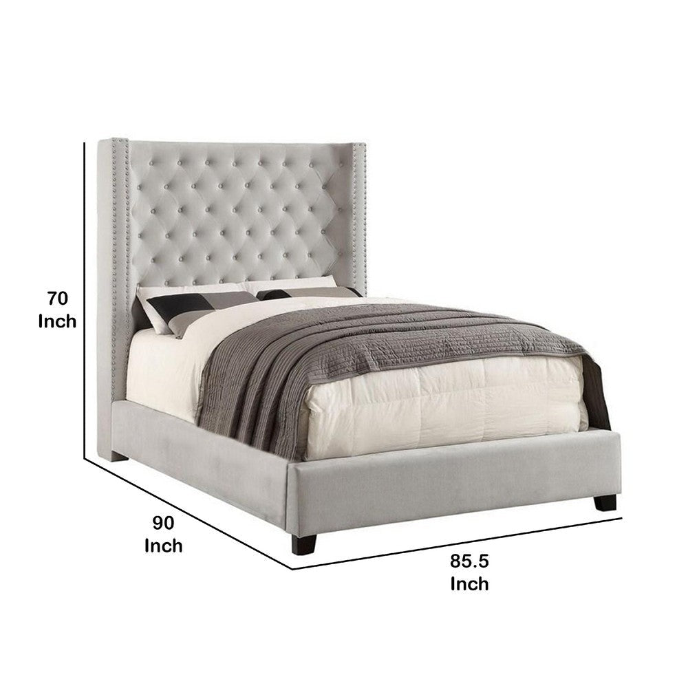 Rozy King Bed w Wingback Tall Headboard | Nailheads | Ivory Upholstery BM342614