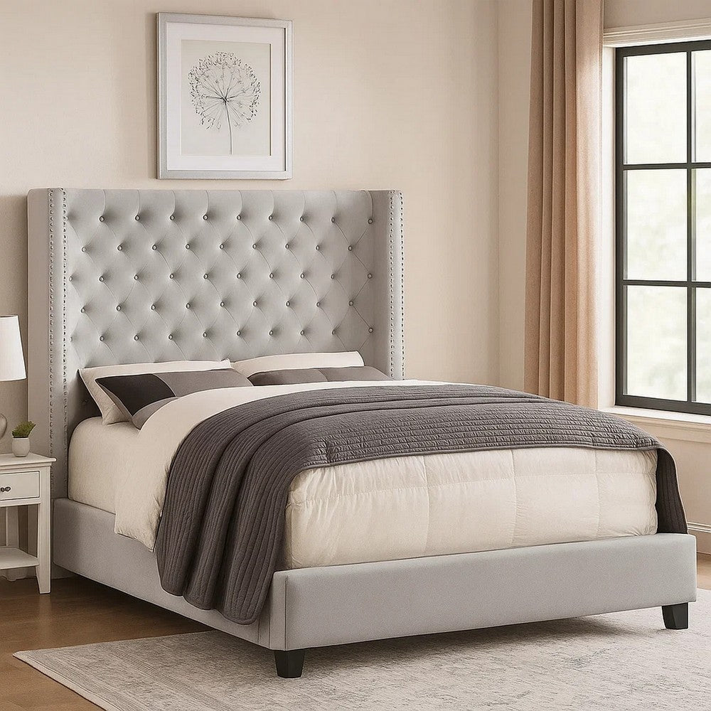 Rozy King Bed w Wingback Tall Headboard | Nailheads | Ivory Upholstery BM342614