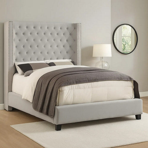 Rozy King Bed w Wingback Tall Headboard | Nailheads | Ivory Upholstery