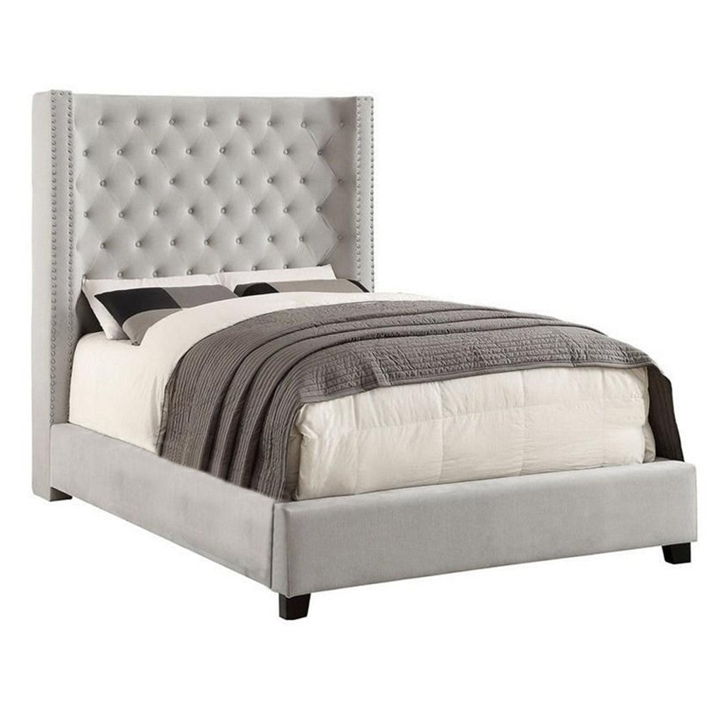 Rozy Queen Bed w Wingback Tall Headboard | Nailhead| Ivory Upholstery BM342615