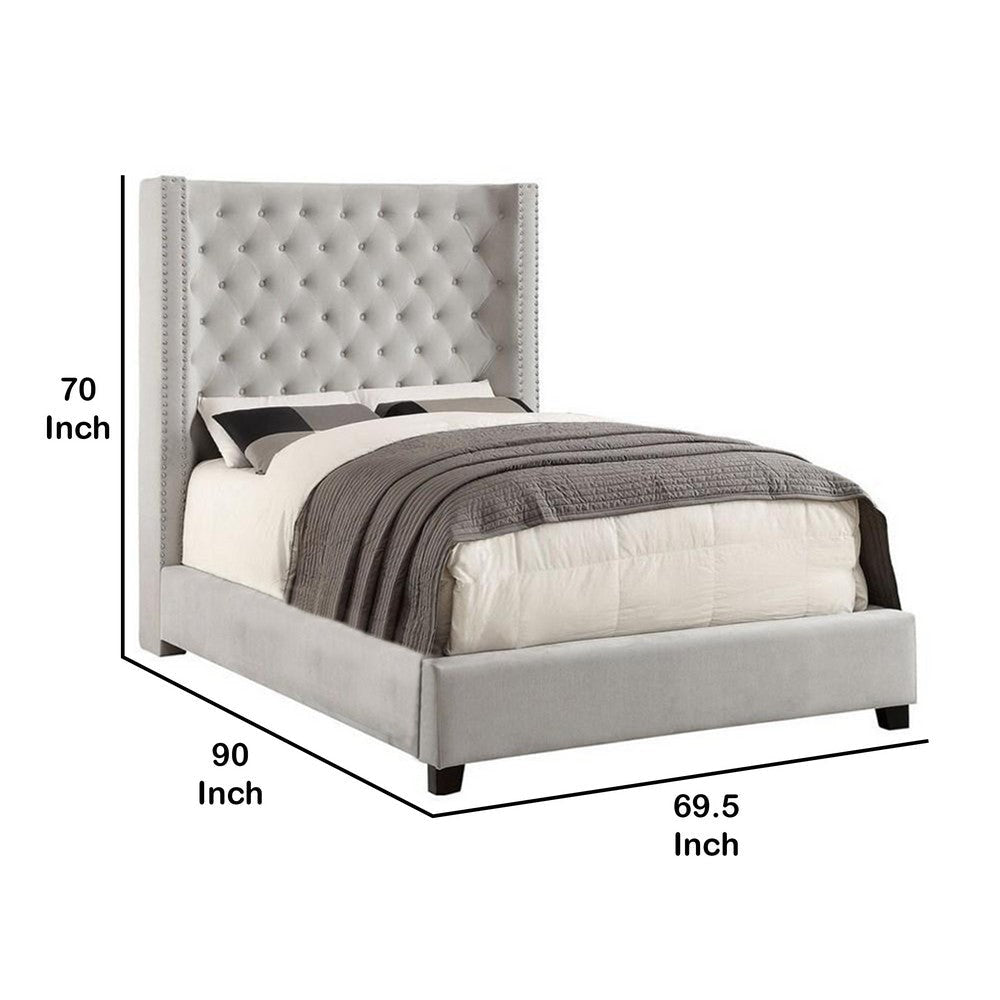 Rozy Queen Bed w Wingback Tall Headboard | Nailhead| Ivory Upholstery BM342615