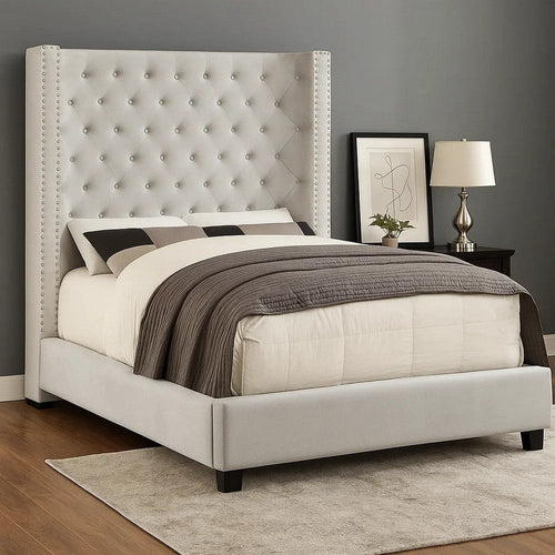Rozy Queen Bed w Wingback Tall Headboard | Nailhead| Ivory Upholstery