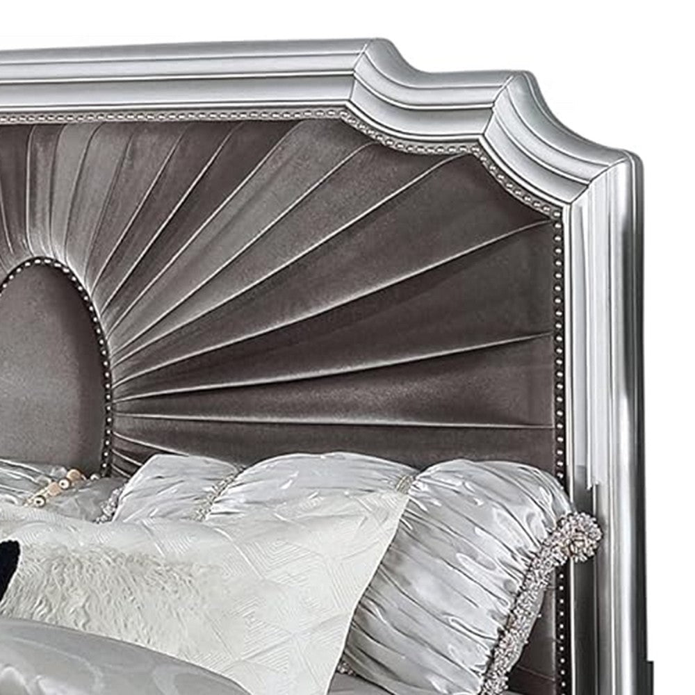 Xan Cal. King Bed | Silver Wood | Gray Pleated Velvet Upholstery BM342616