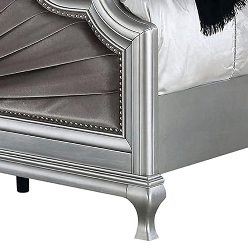 Xan Cal. King Bed | Silver Wood | Gray Pleated Velvet Upholstery BM342616