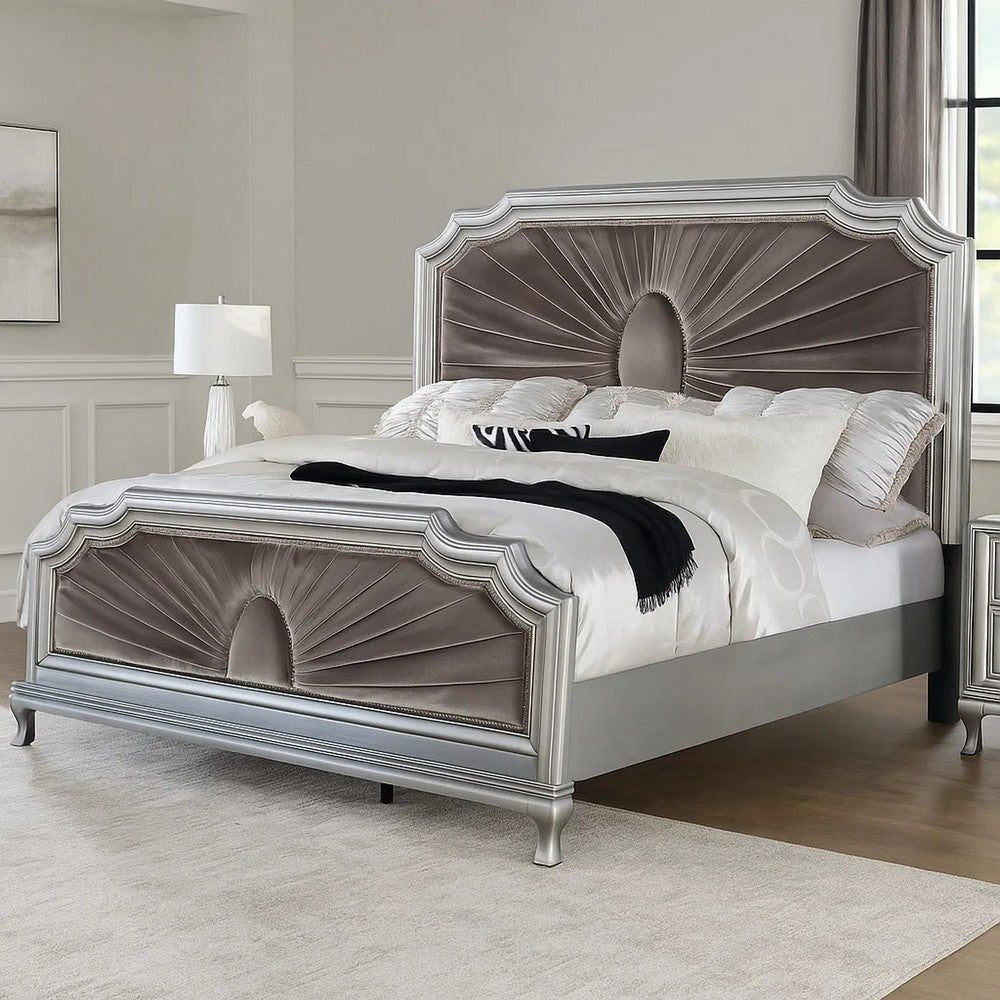 Xan Cal. King Bed | Silver Wood | Gray Pleated Velvet Upholstery BM342616