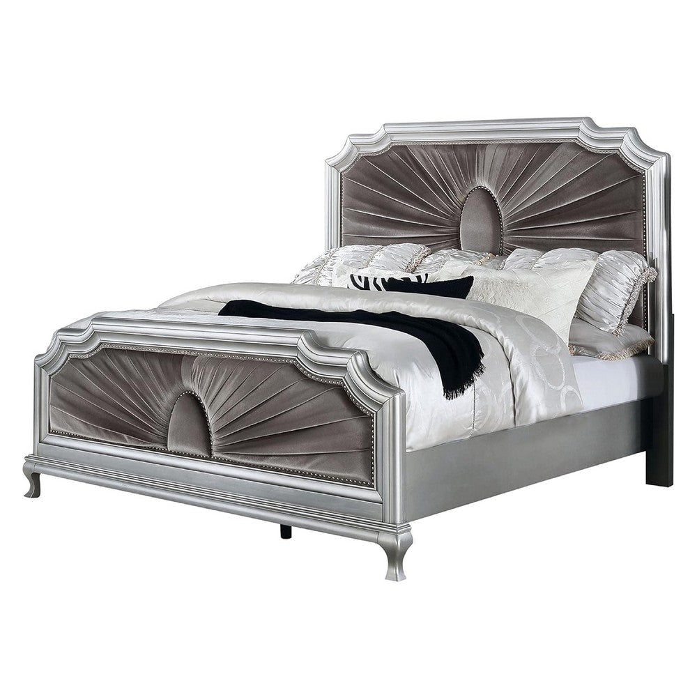 Xan Cal. King Bed | Silver Wood | Gray Pleated Velvet Upholstery BM342616