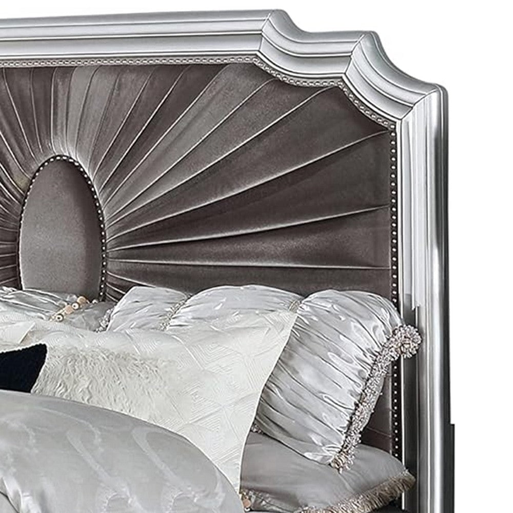 Xan King Bed | Silver Wood | Gray Pleated Velvet Upholstery BM342617