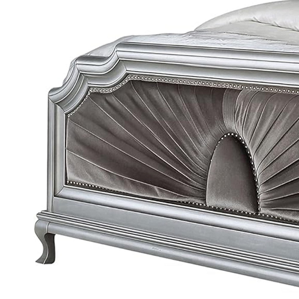 Xan King Bed | Silver Wood | Gray Pleated Velvet Upholstery BM342617