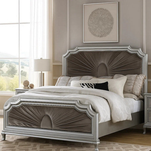 Xan King Bed | Silver Wood | Gray Pleated Velvet Upholstery