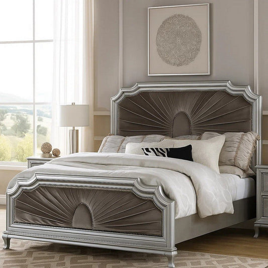Xan King Bed | Silver Wood | Gray Pleated Velvet Upholstery