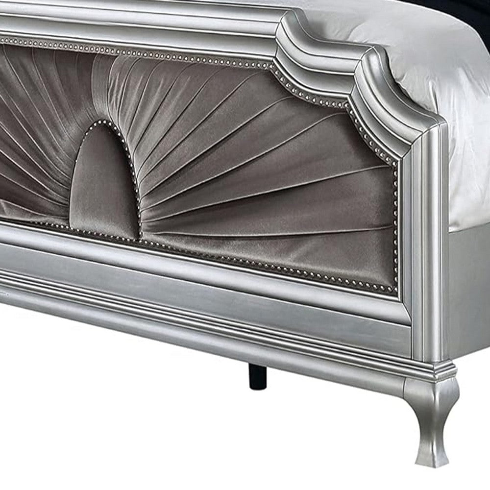 Xan Queen Bed | Silver Wood | Gray Pleated Velvet Upholstery BM342618
