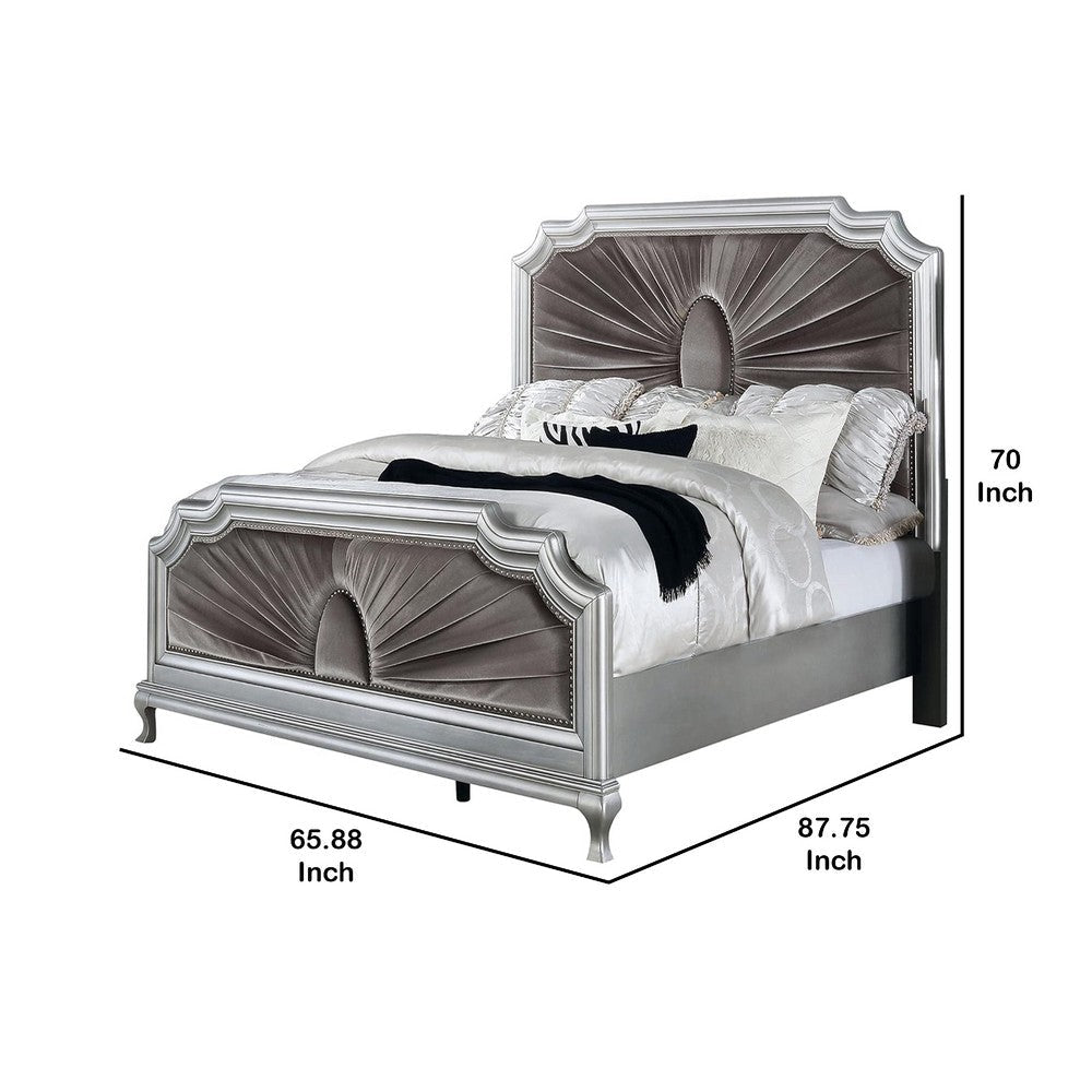 Xan Queen Bed | Silver Wood | Gray Pleated Velvet Upholstery BM342618