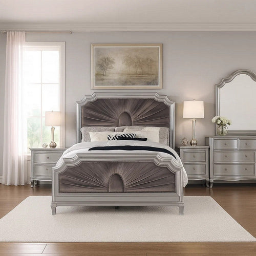 Xan Queen Bed | Silver Wood | Gray Pleated Velvet Upholstery