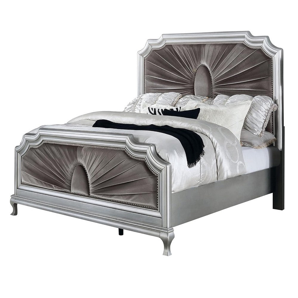 Xan Queen Bed | Silver Wood | Gray Pleated Velvet Upholstery BM342618