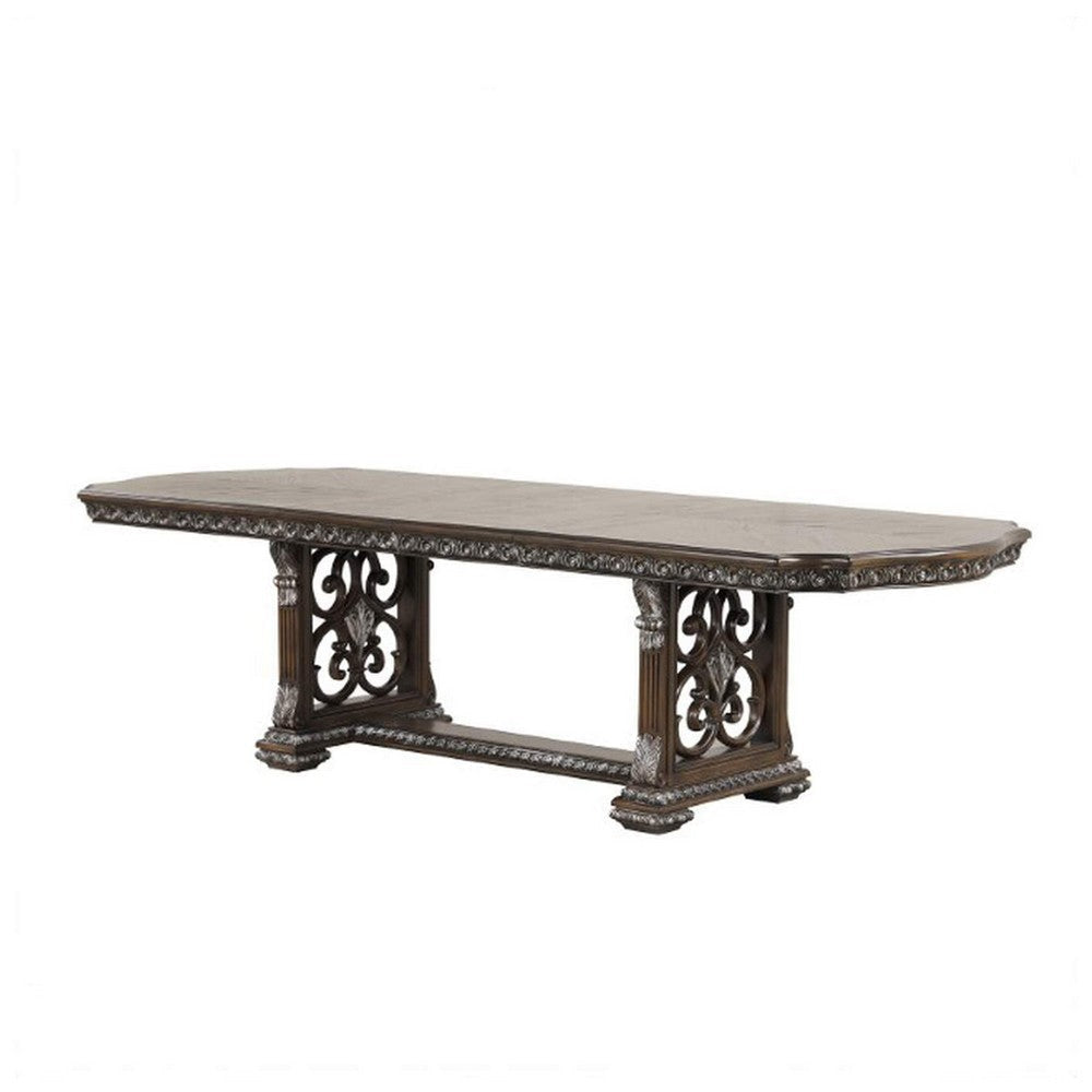 Naddy Dining Table | 80-112" Extendable Top | Dark Brown Floral Motifs