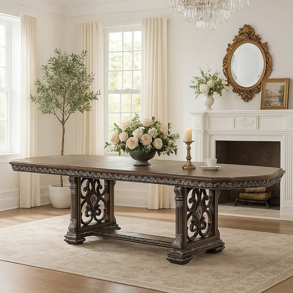 Naddy Dining Table | 80-112" Extendable Top | Dark Brown Floral Motifs
