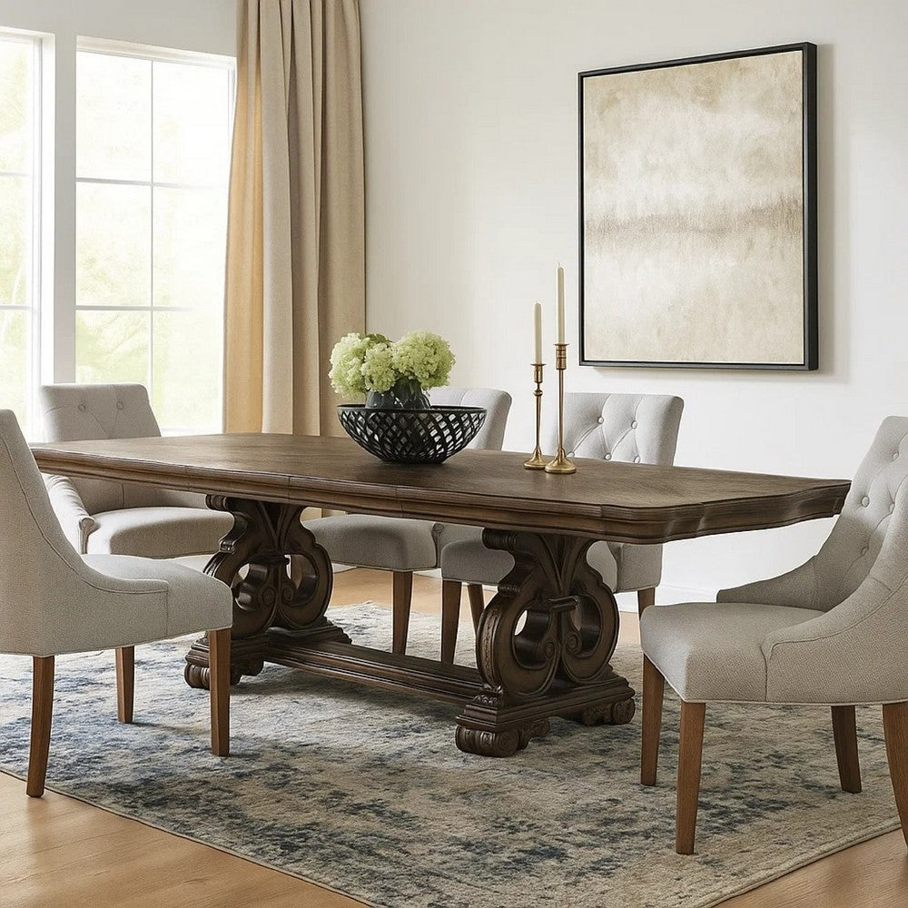 Leova Dining Table | 80-114" Extendable Top | Dark Brown Corbel Base