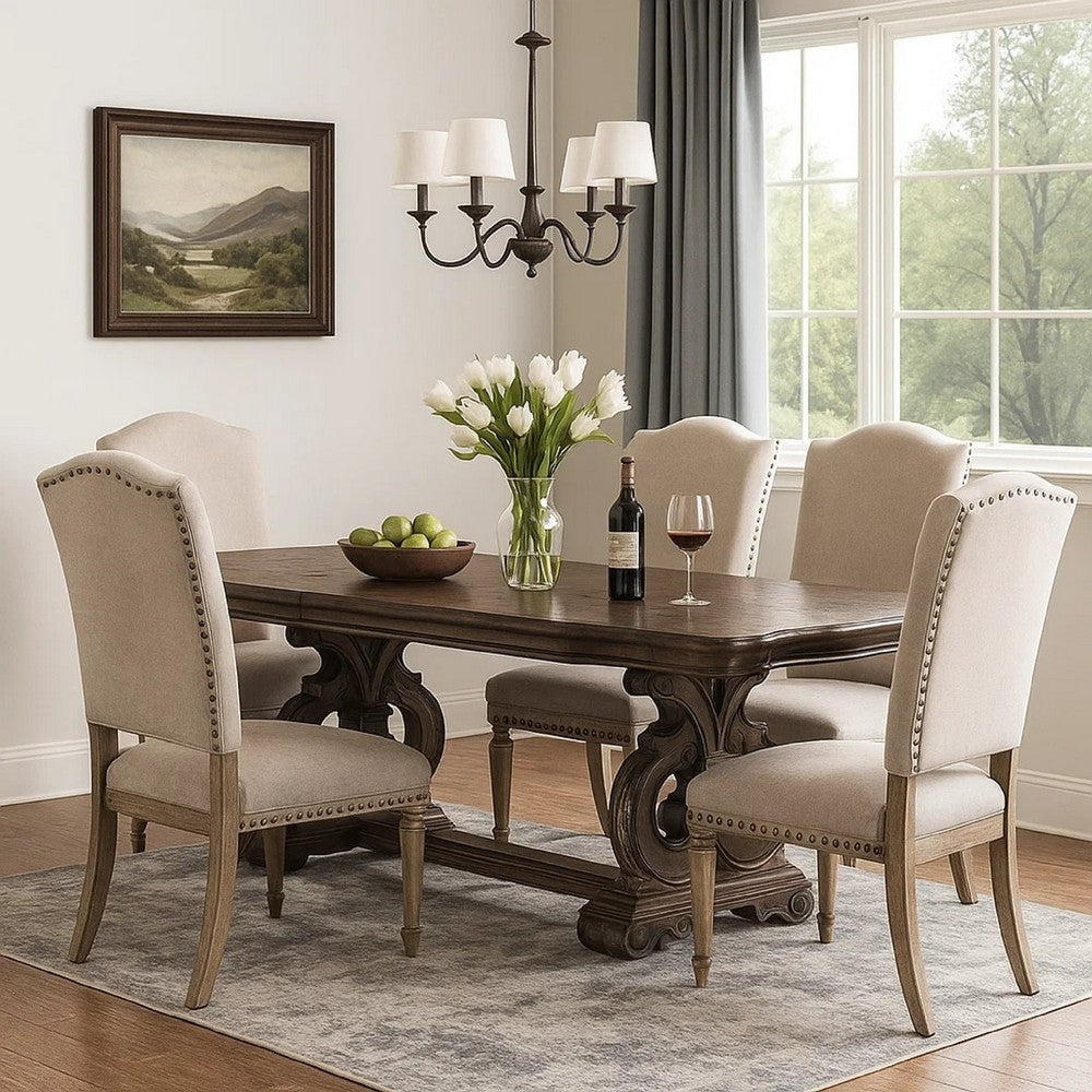Leova Dining Table | 80-114" Extendable Top | Dark Brown Corbel Base