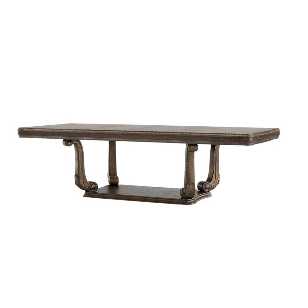 Hama Dining Table | 108" Top w Scrolled Pedestal Base | Oak Brown
