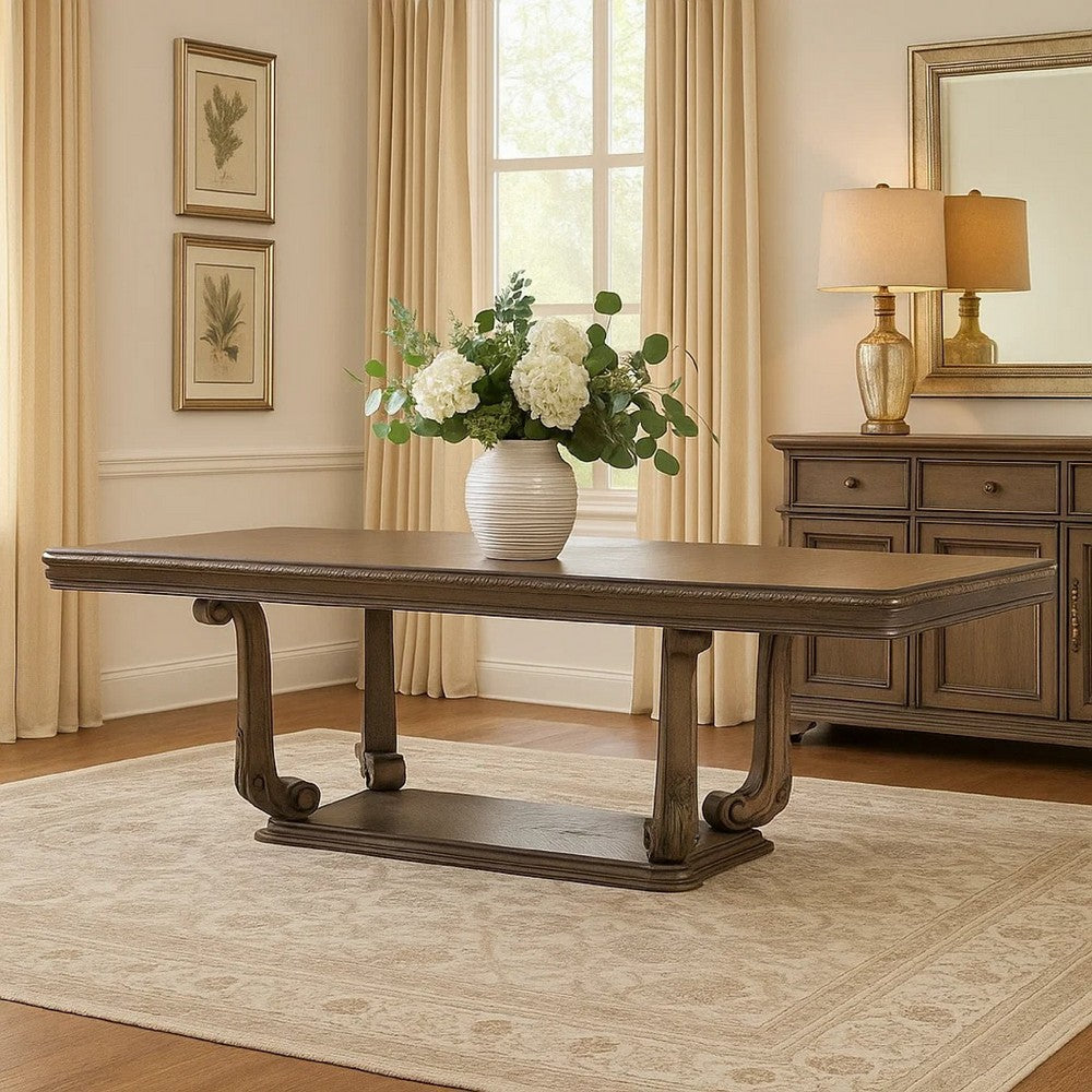 Buy 108'' Dining Table Scrolled Pedestal Base Oak Brown | Best Price ...