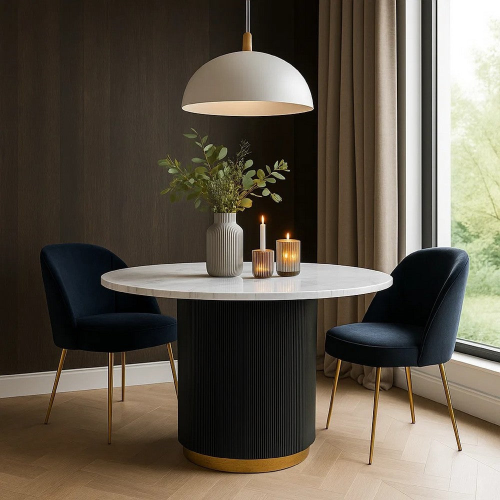 Voa Dining Table | 54" Round | White Marble Top | Black Reeded Base