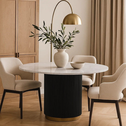 Voa Dining Table | 54" Round | White Marble Top | Black Reeded Base
