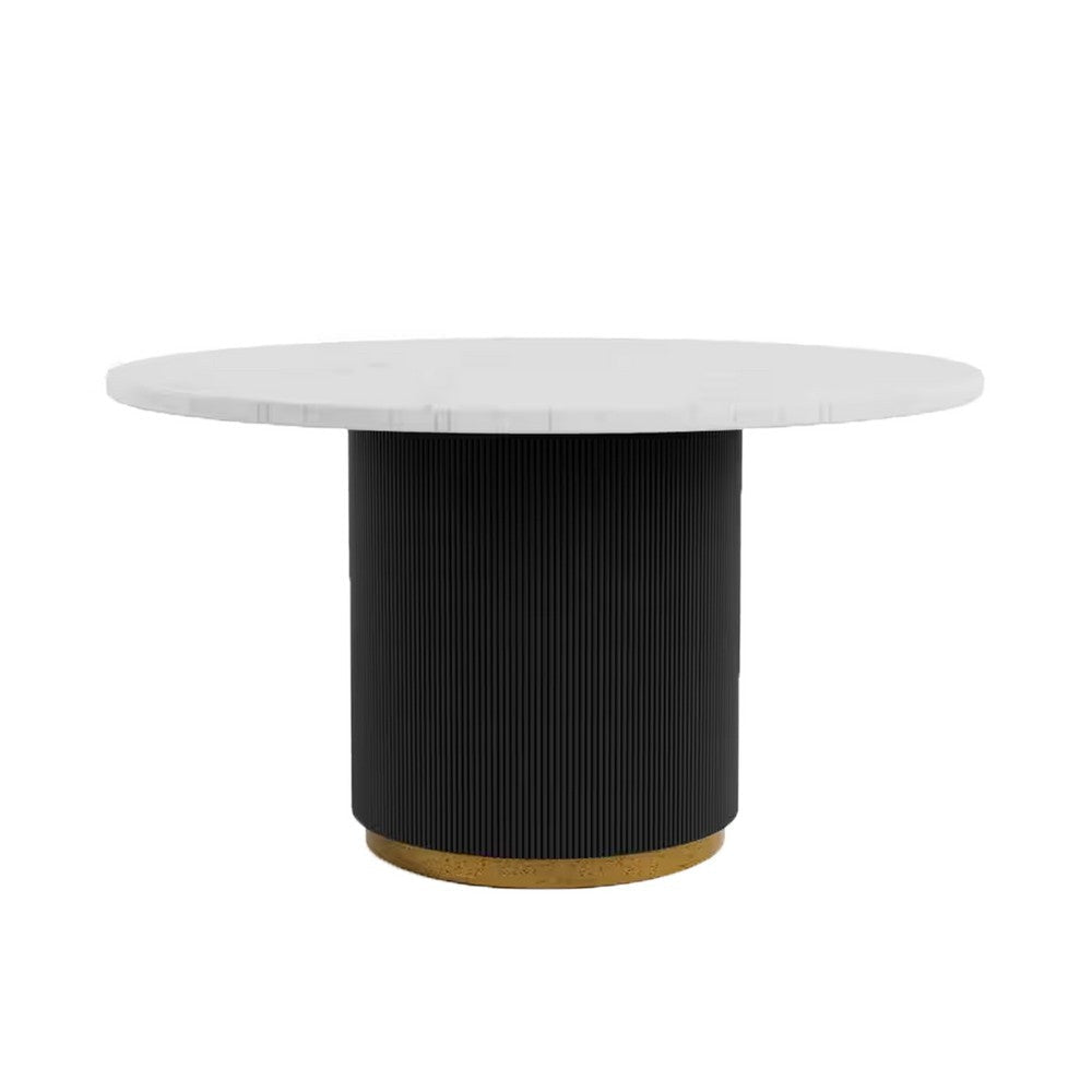 Voa Dining Table | 54" Round | White Marble Top | Black Reeded Base 