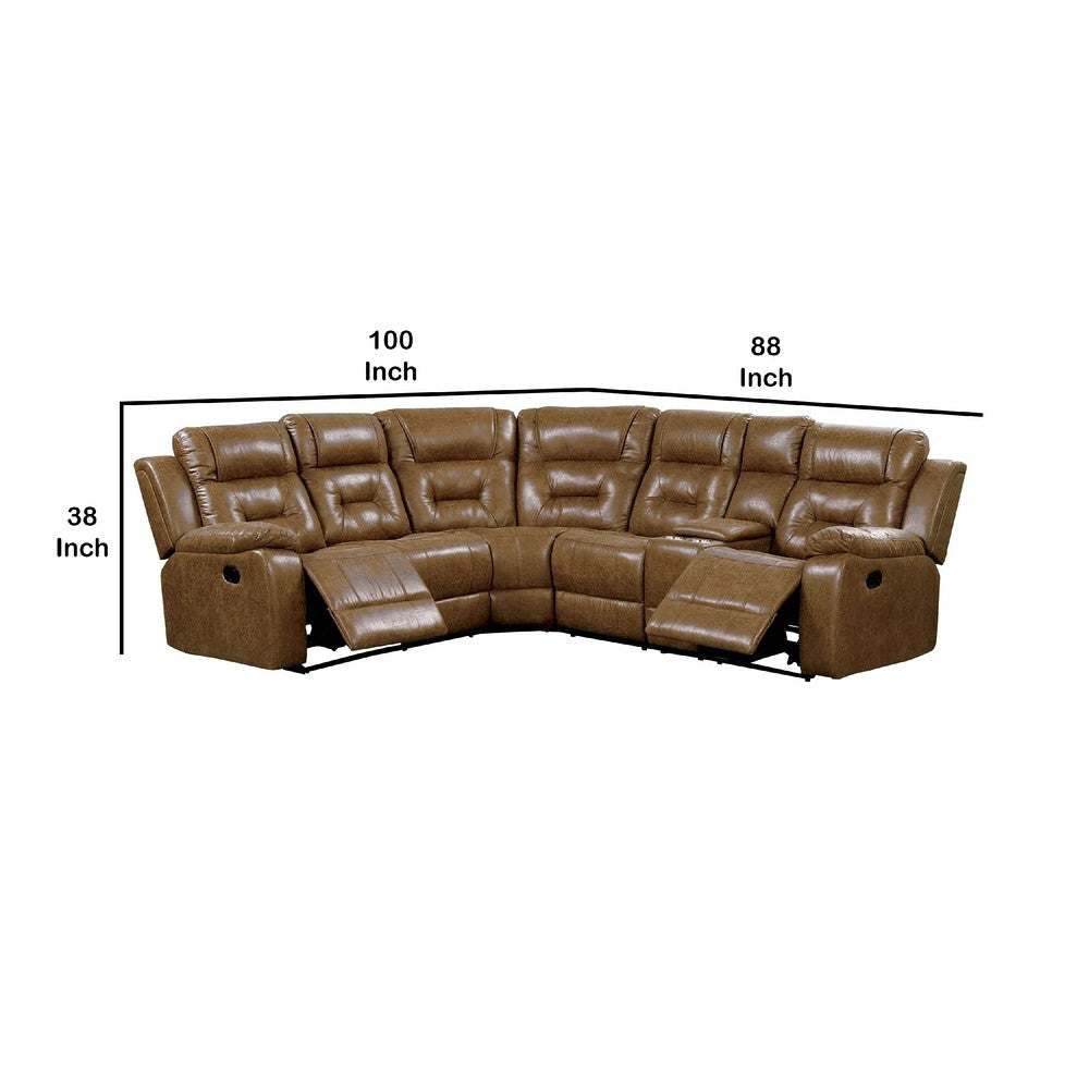 Kius Manual Recliner Sectional Sofa | Console | Tufted Brown Faux Leather BM342630