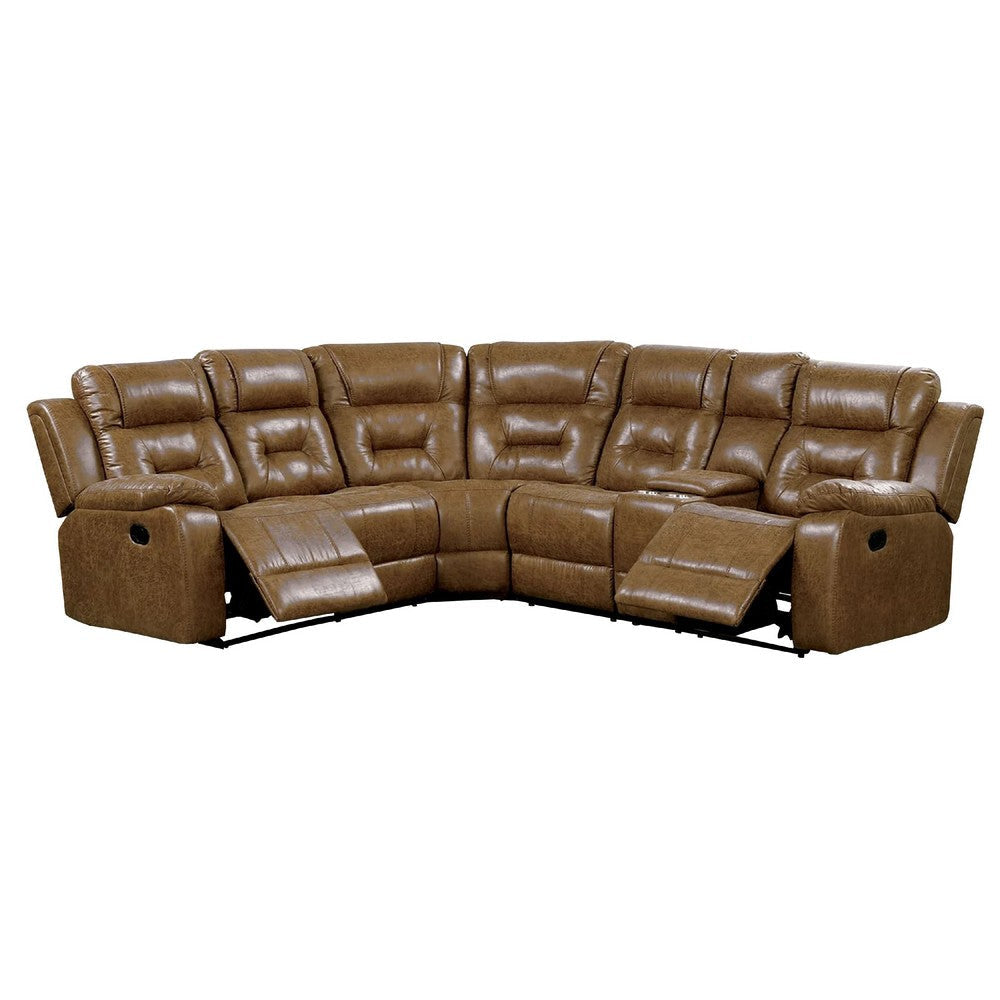 Kius Manual Recliner Sectional Sofa | Console | Tufted Brown Faux Leather