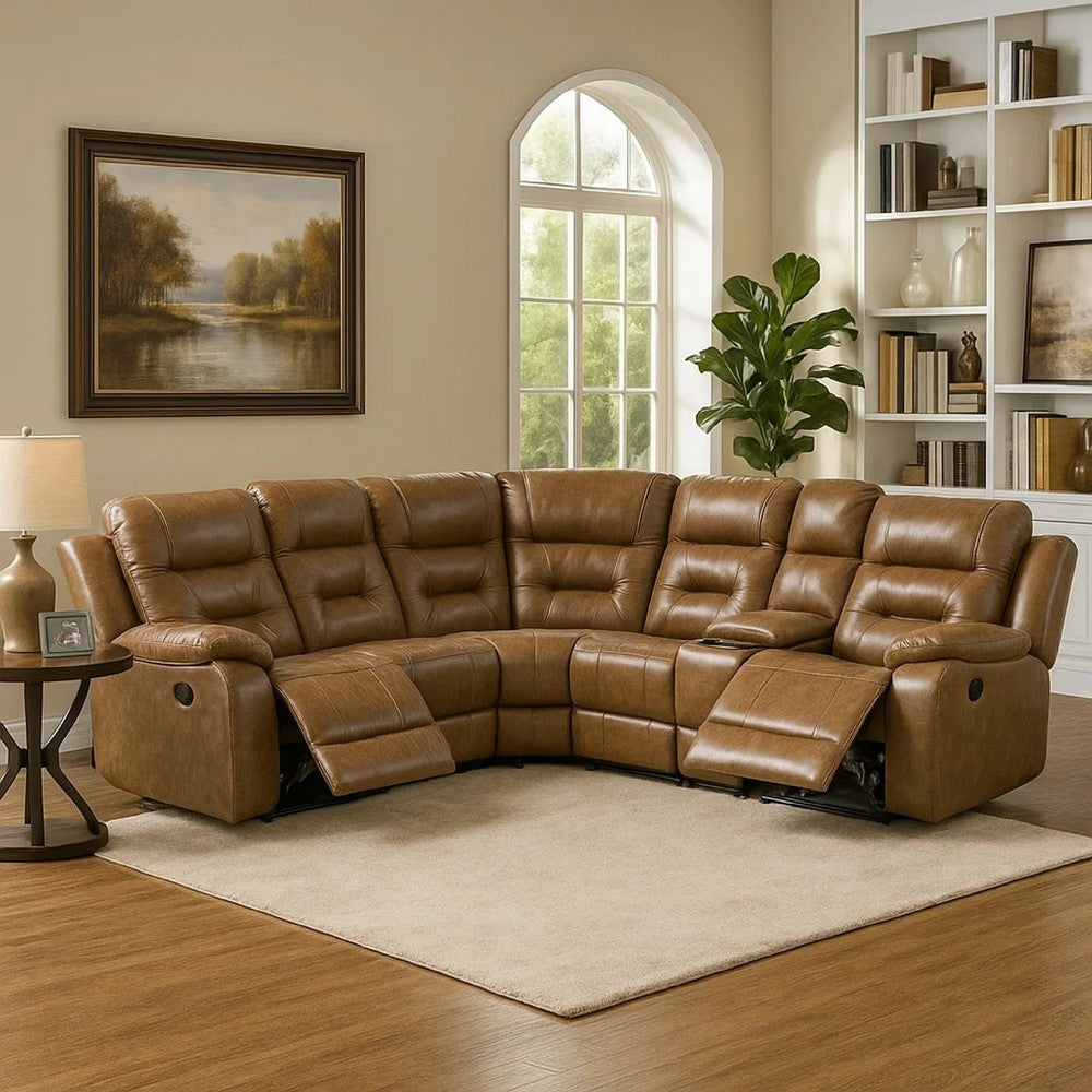 Kius Manual Recliner Sectional Sofa | Console | Tufted Brown Faux Leather