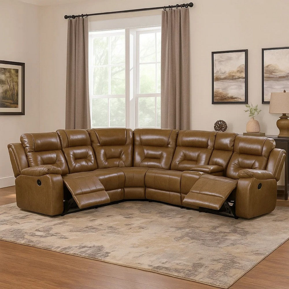 Kius Manual Recliner Sectional Sofa | Console | Tufted Brown Faux Leather