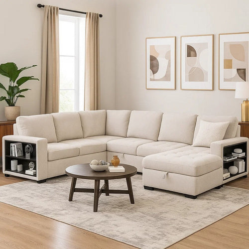 Stila Sleeper Sectional Sofa w Storage Chaise | 128" Beige