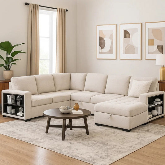 Stila Sleeper Sectional Sofa w Storage Chaise | 128" Beige