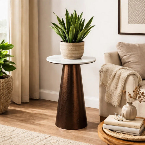 Plant Stand Accent Table | Bronze Metal | White Marble Top | 23"