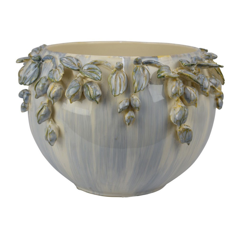 Decorative Bowl Planter | White Ceramic w Floral Garland Rim | 12"