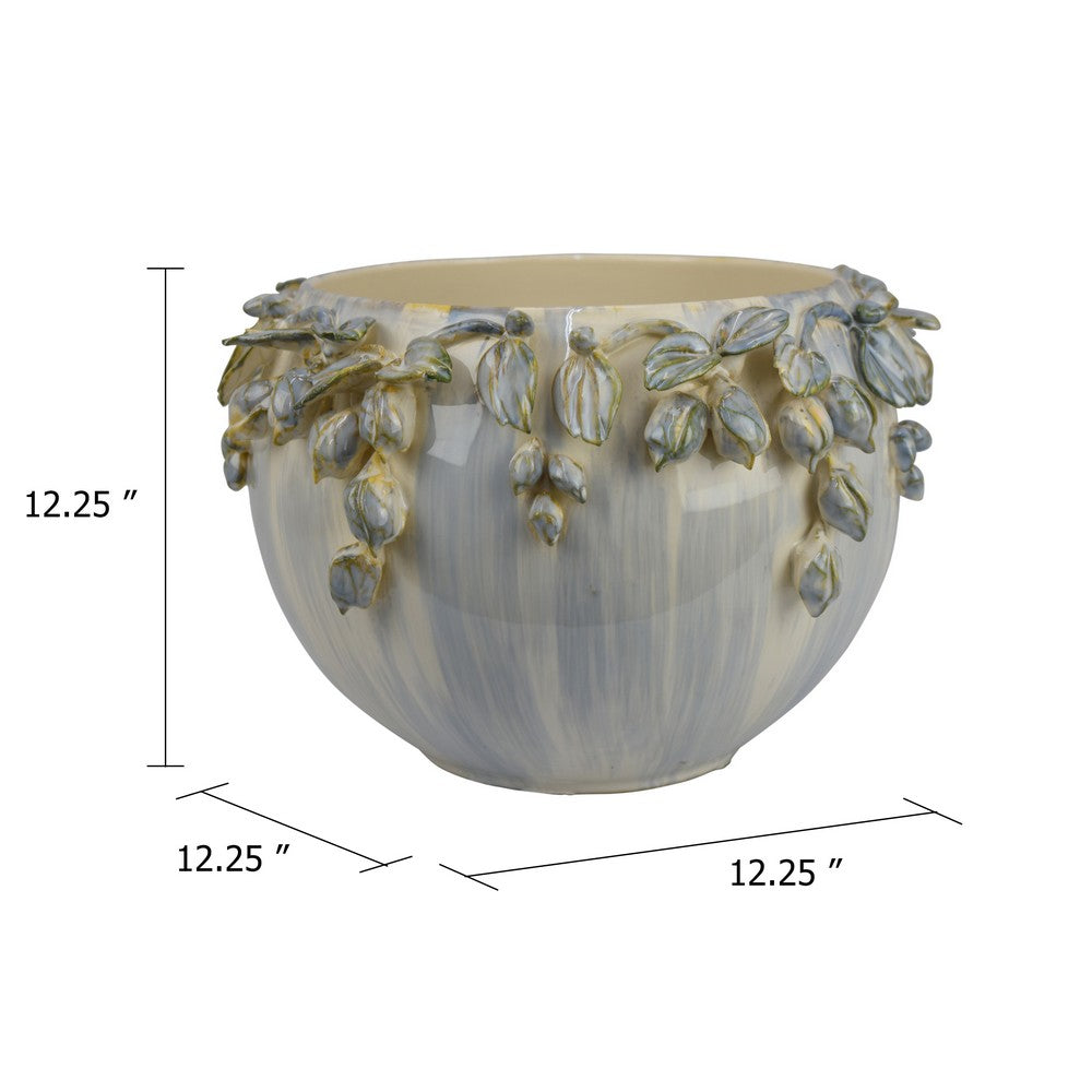 Decorative Bowl Planter | White Ceramic w Floral Garland Rim | 12"