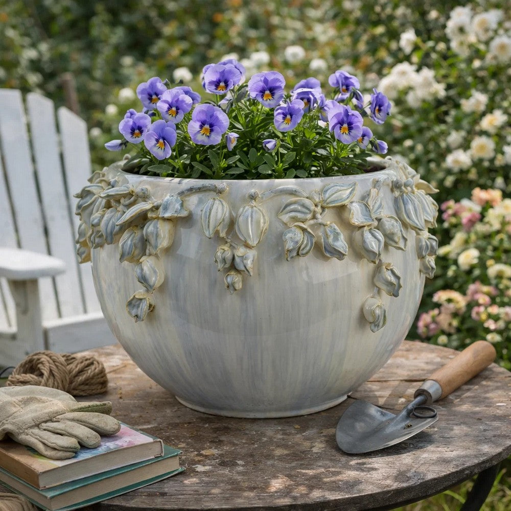 Decorative Bowl Planter | White Ceramic w Floral Garland Rim | 12"