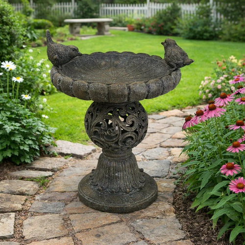 Bird Bath | Bronze Finished Resin Pedestal | Wide Scalloped Bowl | 22"