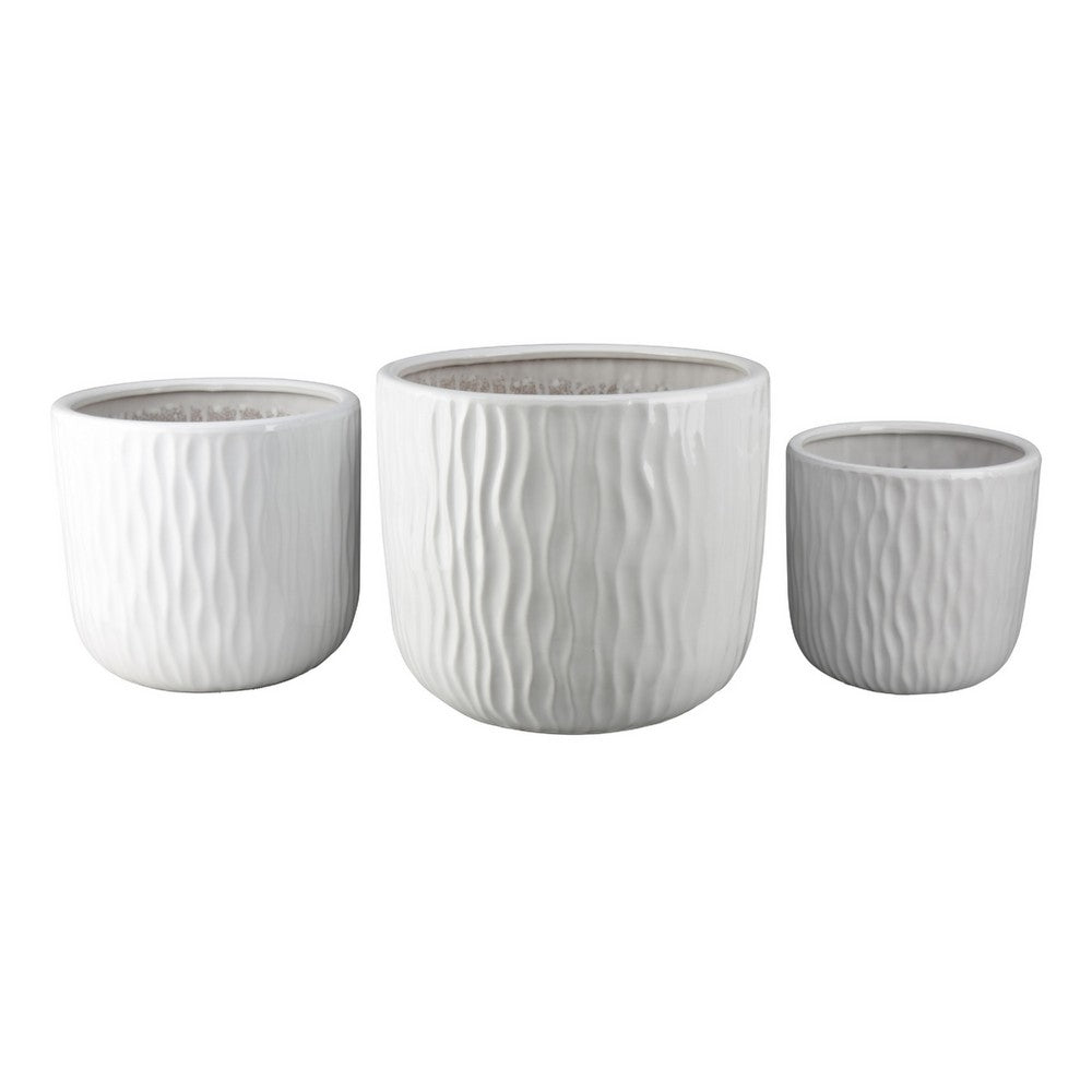 Kena Planter Set of 3 | White Ceramic | Wave Texture Indoor | 13 10 8"