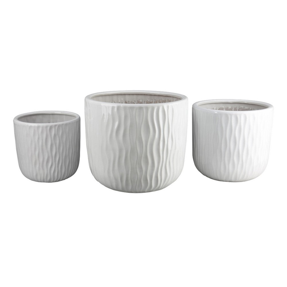 Kena Planter Set of 3 | White Ceramic | Wave Texture Indoor | 13 10 8"