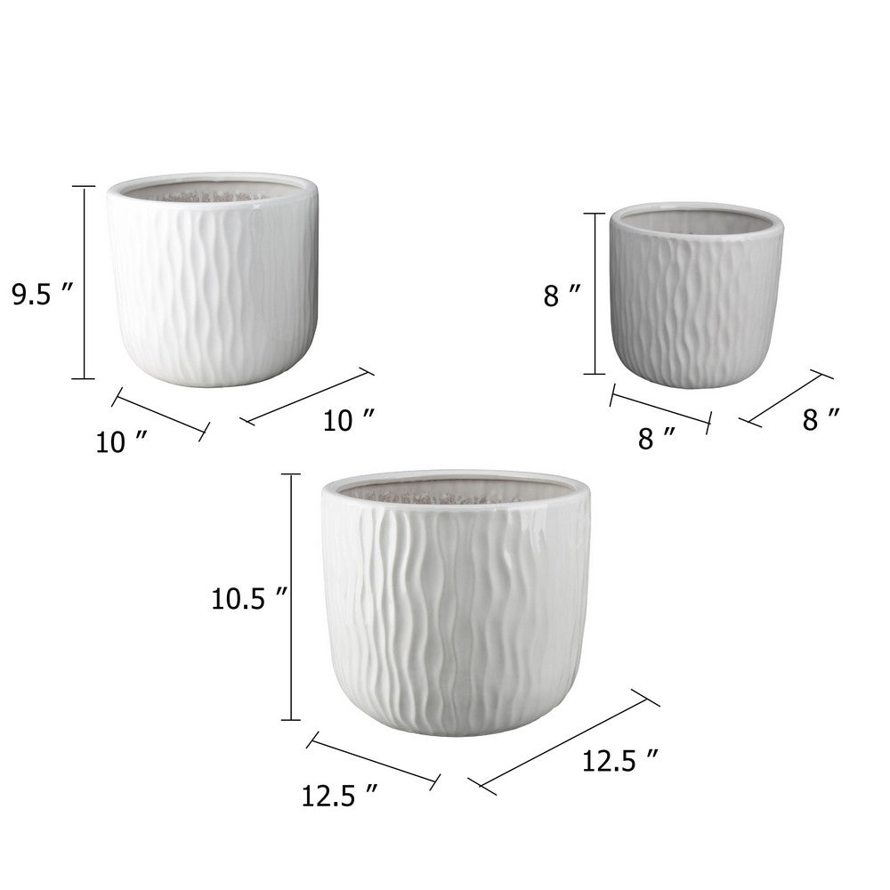 Kena Planter Set of 3 | White Ceramic | Wave Texture Indoor | 13 10 8"