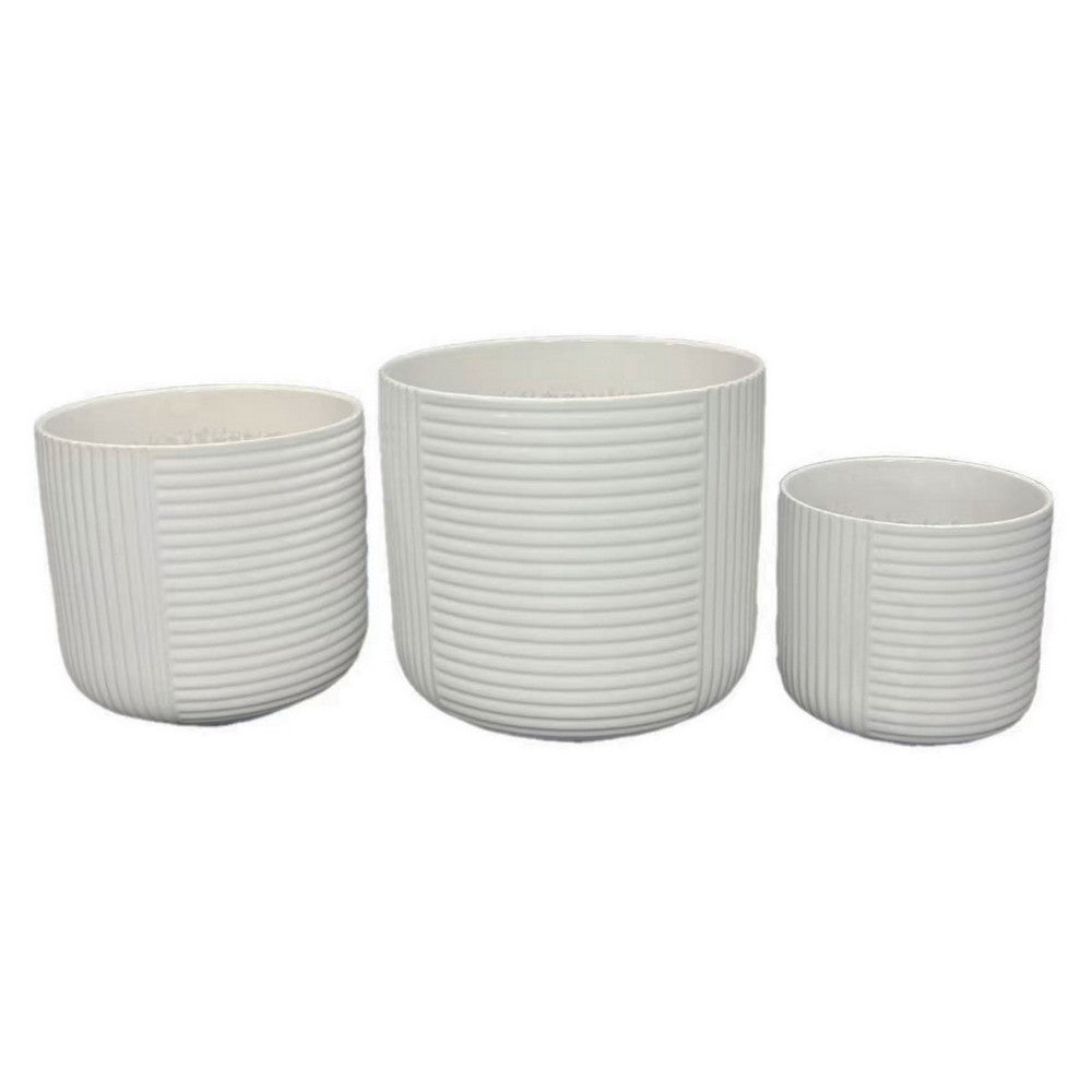 Kena Planter Set of 3 | White Ceramic | Ribbed Texture Pots | 12 10 8"