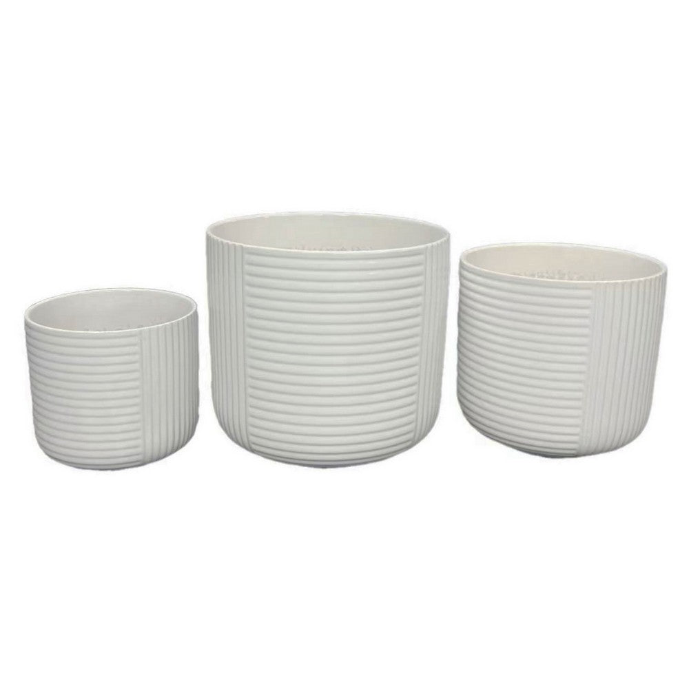 Kena Planter Set of 3 | White Ceramic | Ribbed Texture Pots | 12 10 8"