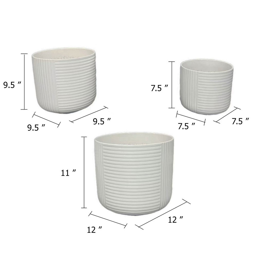 Kena Planter Set of 3 | White Ceramic | Ribbed Texture Pots | 12 10 8"