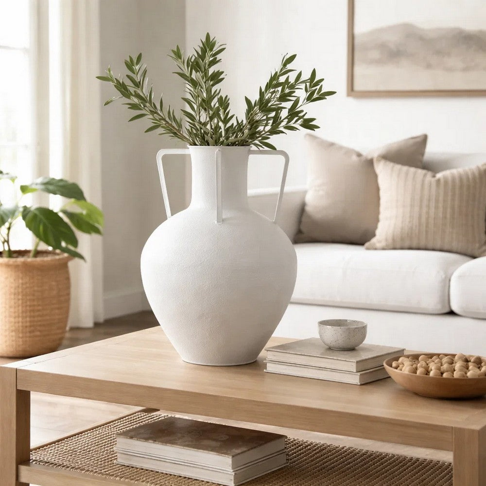 Textured Amphora Style Vase | White Metal w Dual Handles | 19"