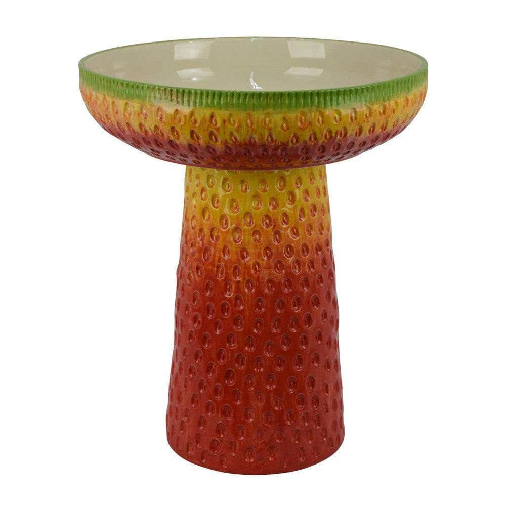 19" Bird Bath | Multicolor Ceramic | Strawberry Pedestal Garden Bowl