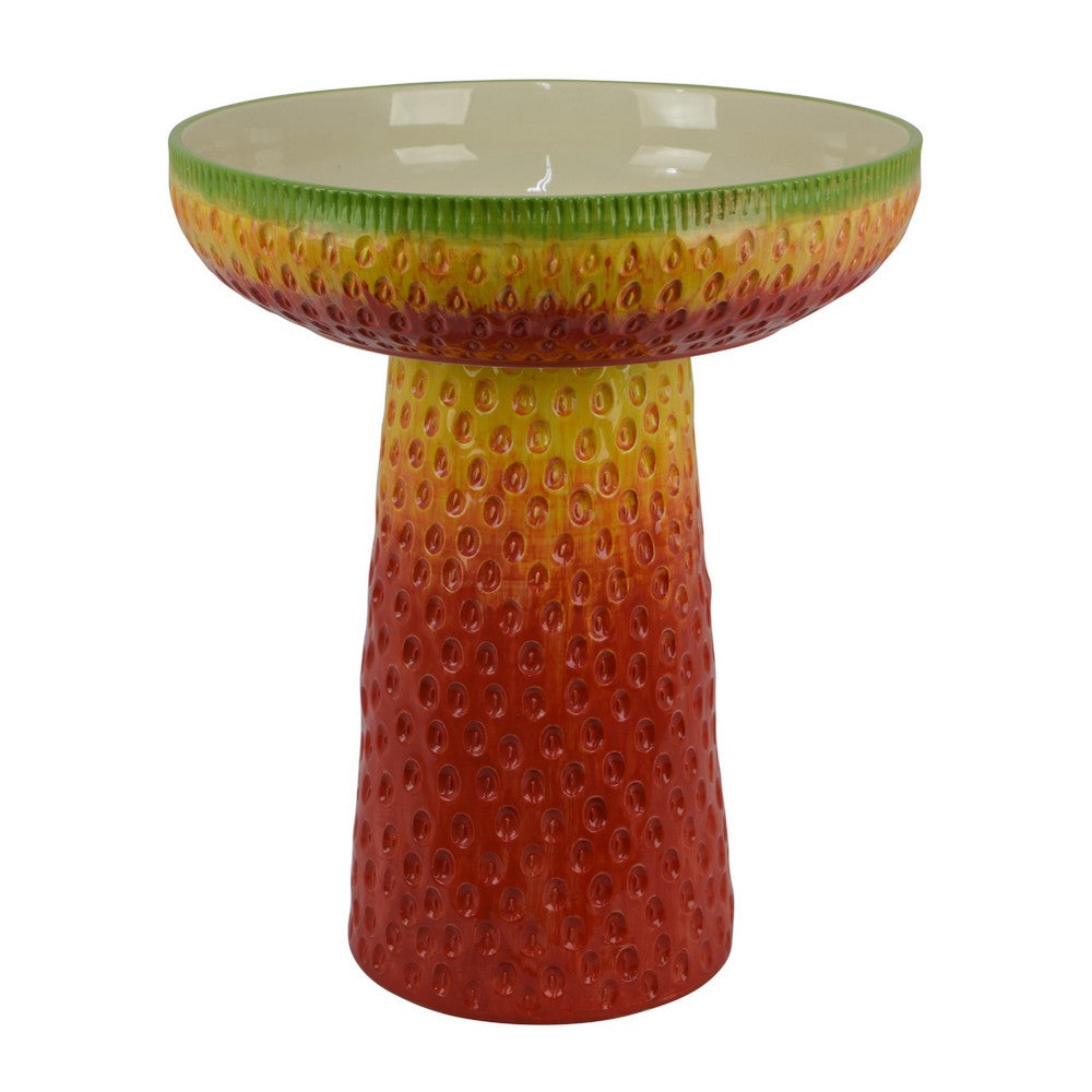 19" Bird Bath | Multicolor Ceramic | Strawberry Pedestal Garden Bowl
